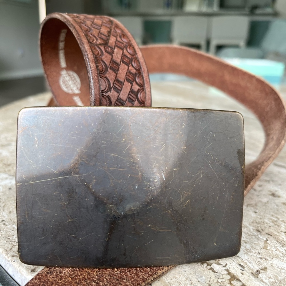 Fossil Tooled Brown Leather Belt with Dark Metal Buckle - Picture 6 of 10